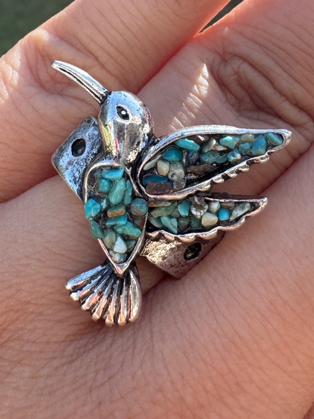Turquoise nature stone Inlay Hummingbird Ring - Silver Tone Adjustable